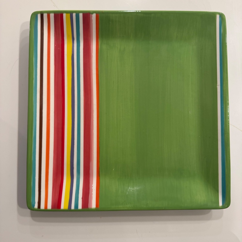 Clay Art Gerbera Hand Painted Square Dinner Plate Green Multi Color  Ceramic